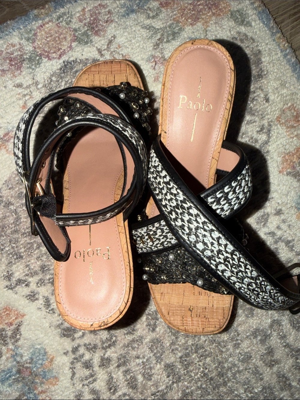 Paolo Black & White Woven Cork Slide Sandals with Ankle Strap